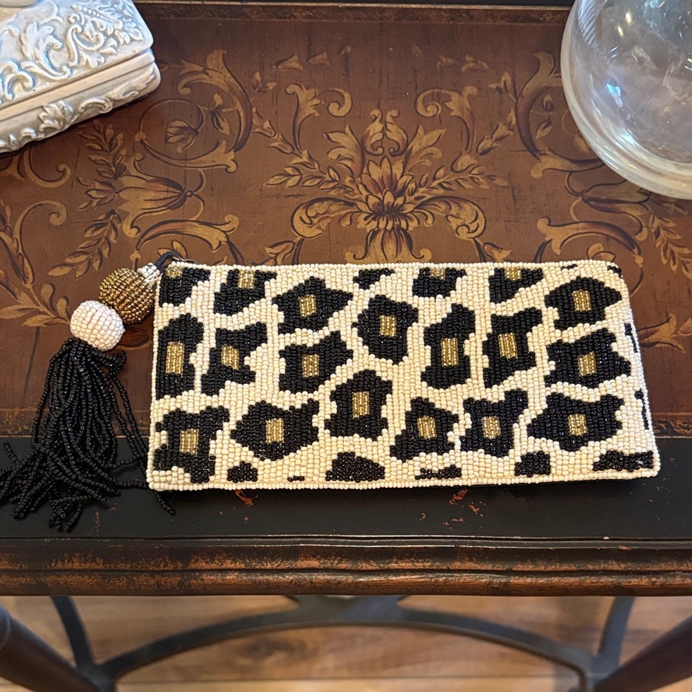 Bamboo trading Co. Beaded Clutch with Tassel leopard print